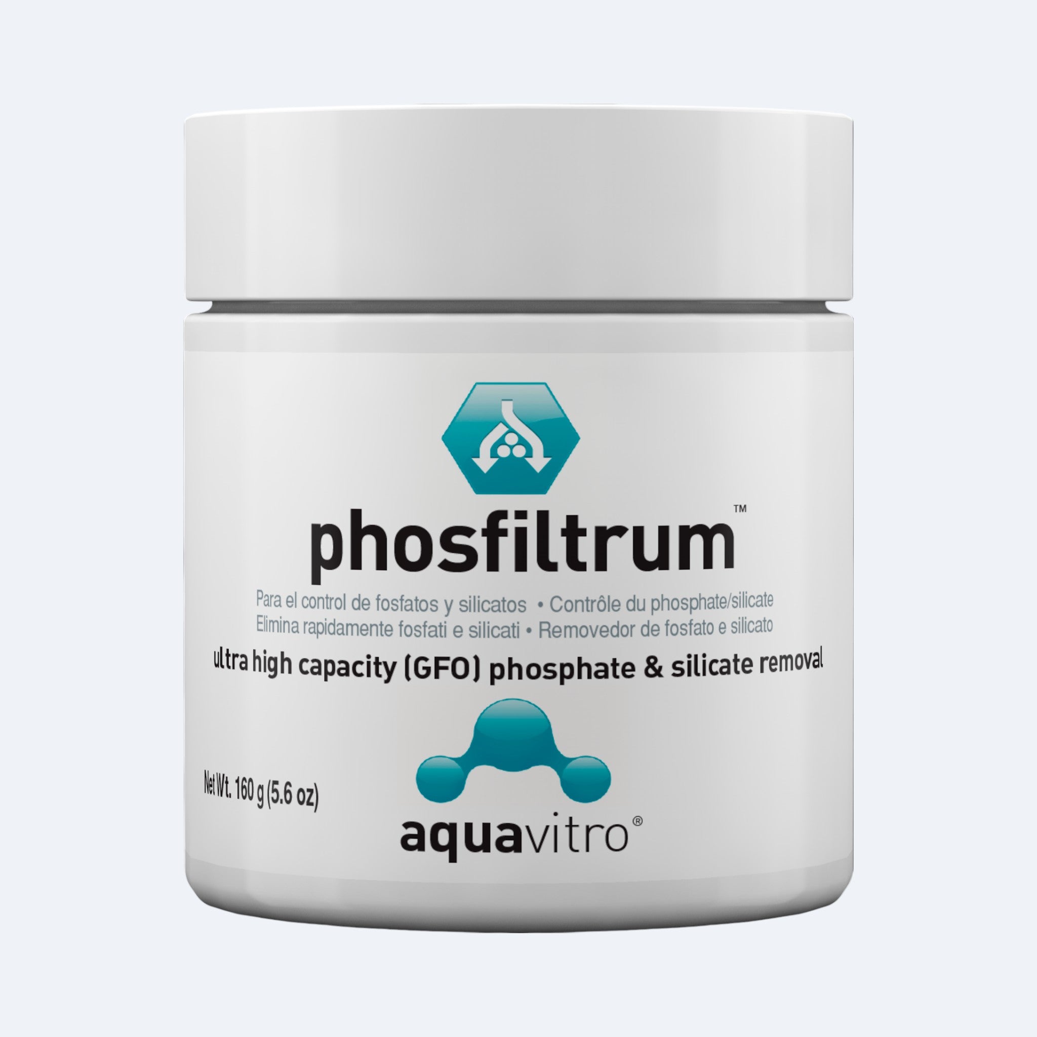 Jar of phosfiltrum by aquavitro on a white background