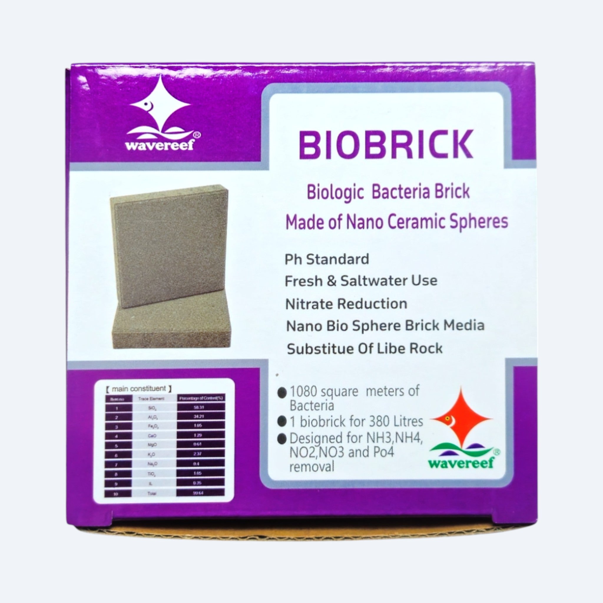 Wavereef Biobrick packaging with purple border and white background